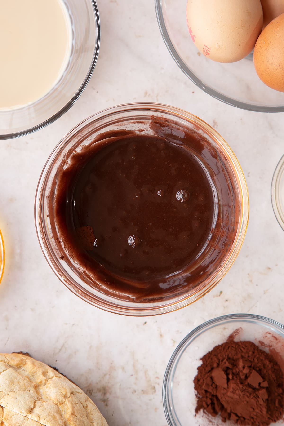 Overhead shot of the ingredients for the Baileys French toast syrup mixed together in a mixing bowl.