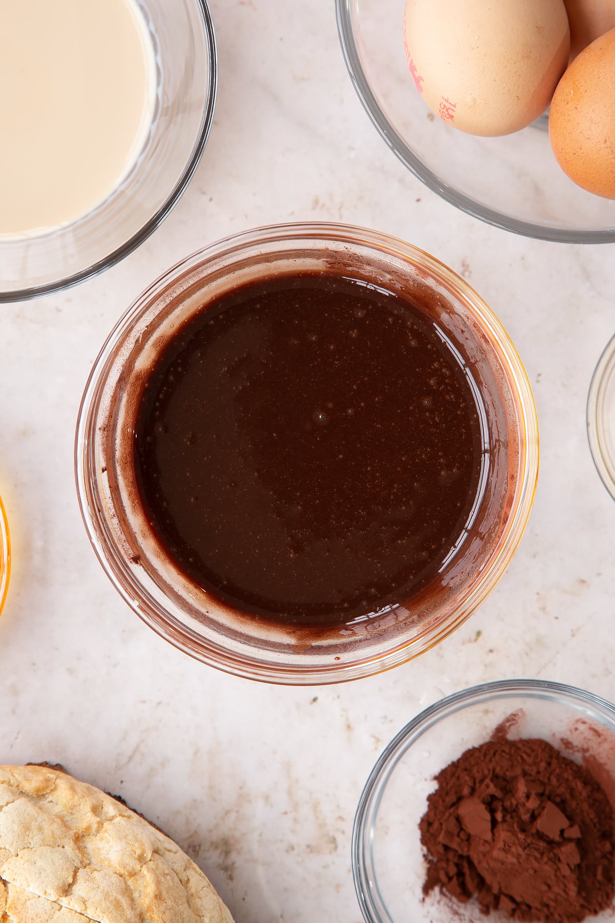 Overhead shot of the ingredients for the Baileys French toast syrup mixed together.