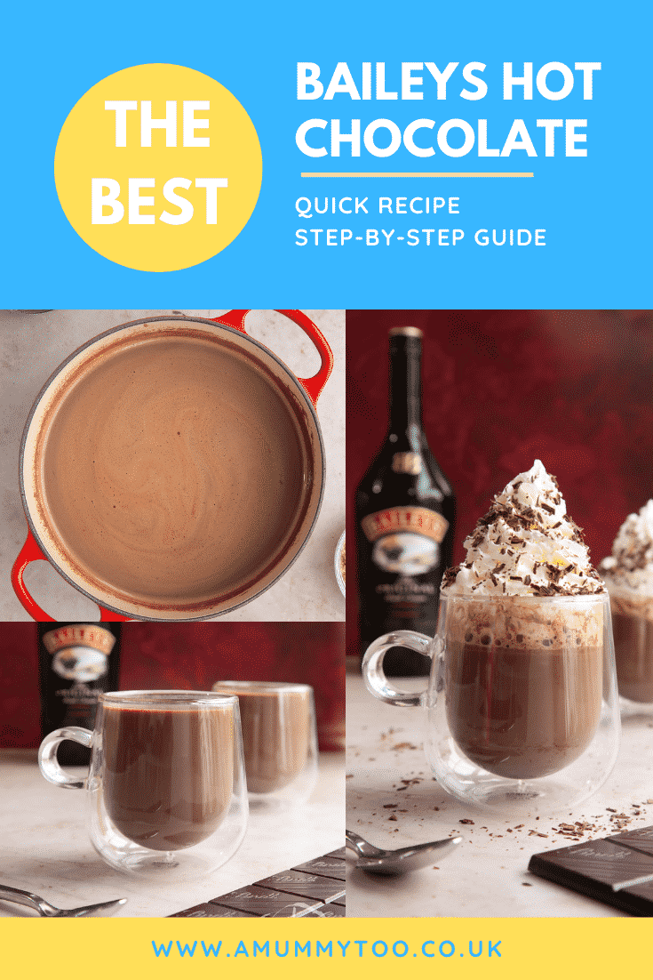 Two mugs of a rich Baileys hot chocolate recipe, topped with whipped cream and chocolate shavings. Caption reads: The best Baileys hot chocolate. Quick recipe. Step-by-step guide.