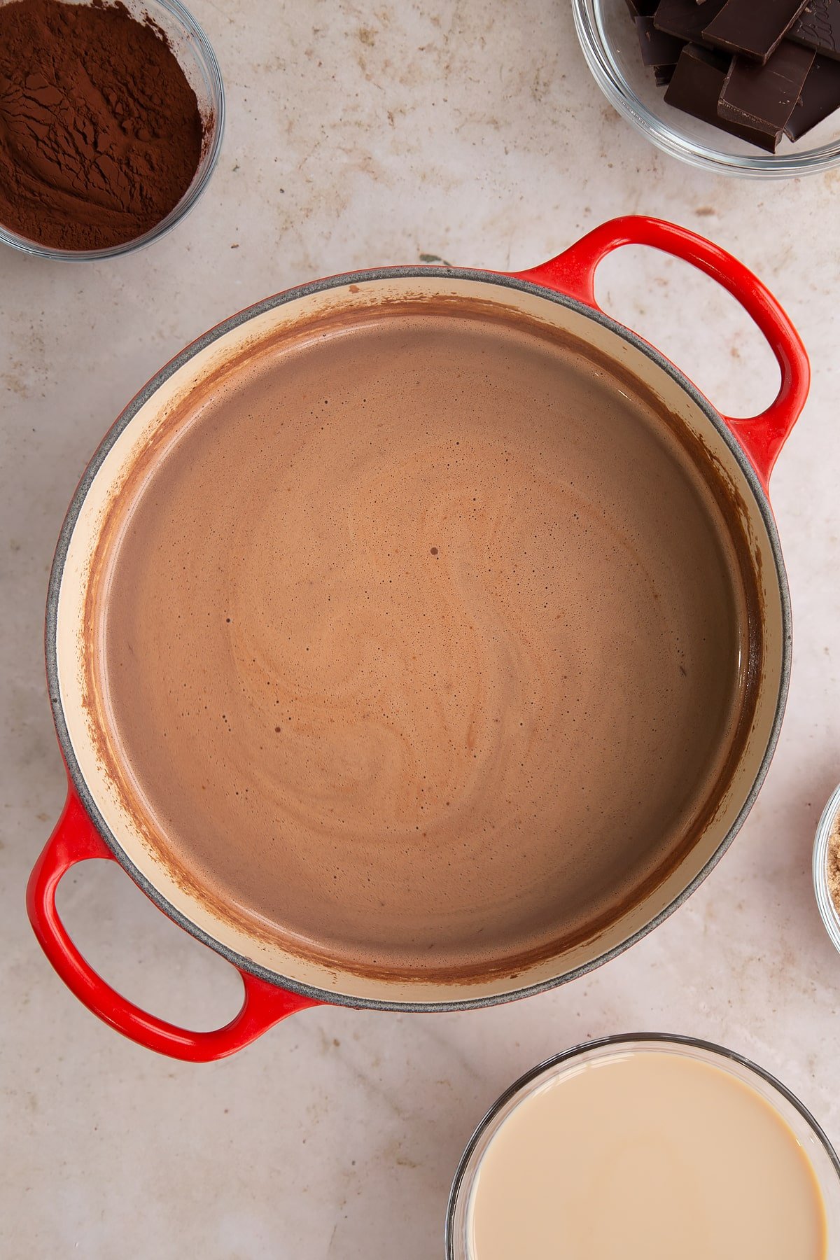 Baileys hot chocolate in a pan.