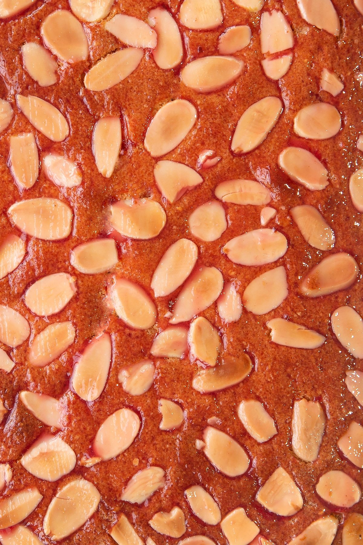 Close up of the top of a Bakewell tray bake, brushed with jam.