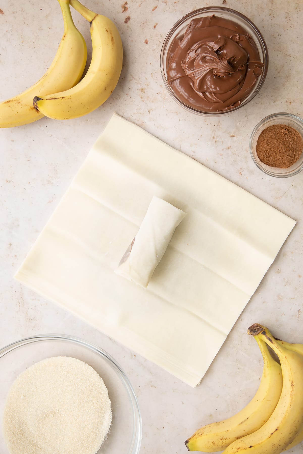 Overhead shot of the finished raw banana chocolate spring roll.