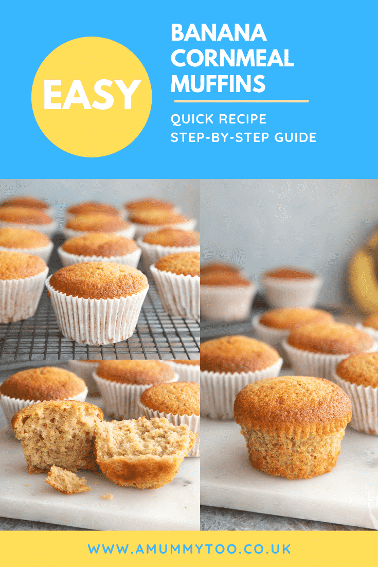 Collage of Banana cornmeal muffins on a white marble board or cooling rack. Caption reads: Easy banana cornmeal muffins. Quick recipe. Step by step guide.