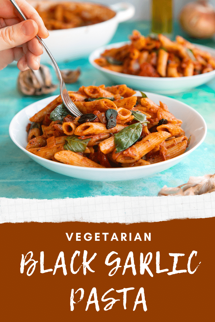 Tall image for Pinterest with the top area of the image showing the finished black garlic pasta and the bottom of the image using text to describe the image.