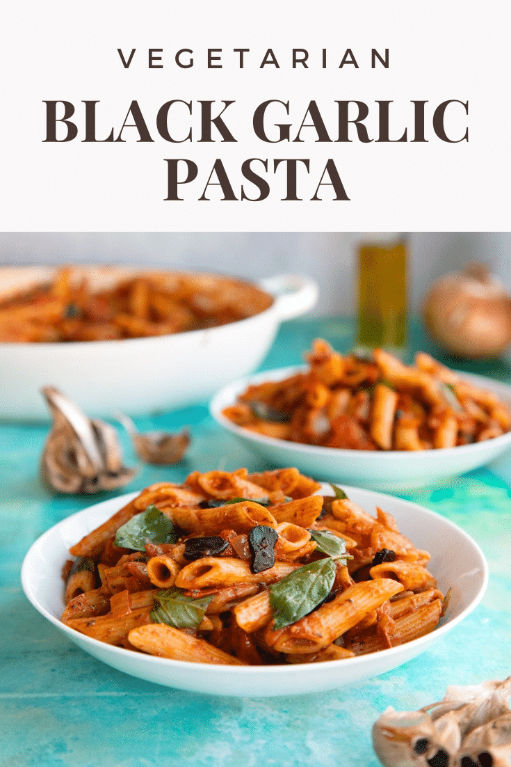 The bottom of the image shows the finished black garlic pasta. While the top of the image describes the image for Pinterest.