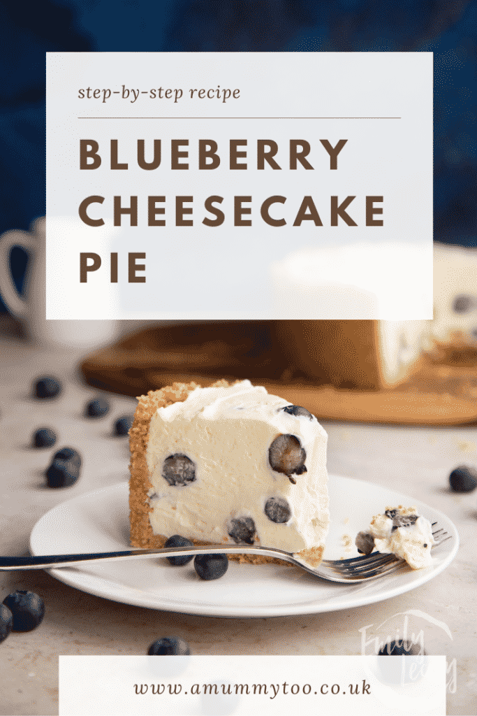 Slice of Blueberry cheesecake pie on a white plate with a fork. Caption reads: Step-by-step recipe. Blueberry cheesecake pie. 