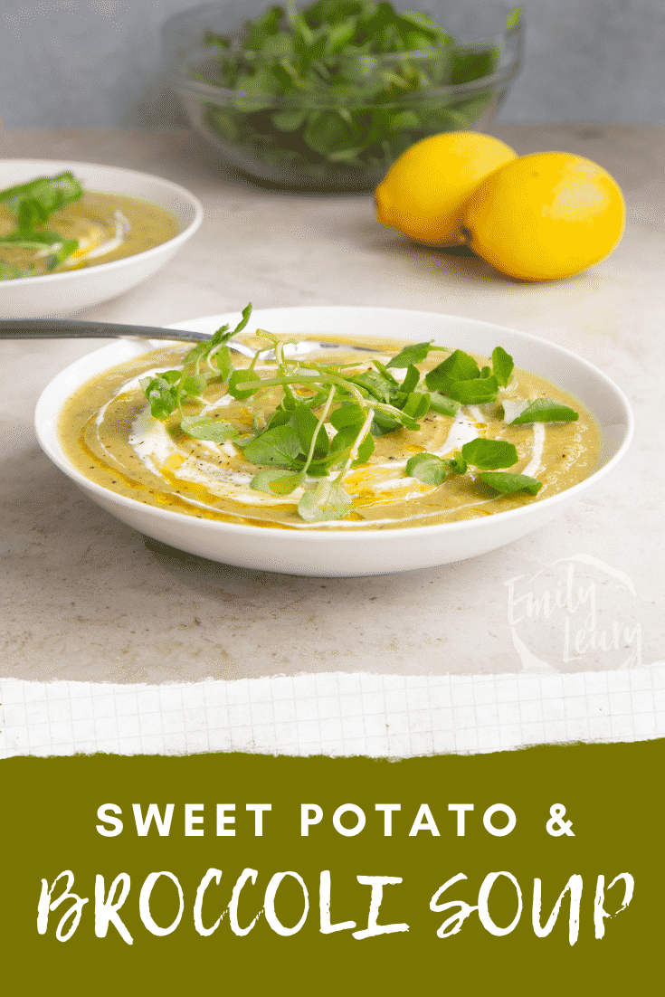 Pinterest image for the broccoli and sweet potato soup with text at the bottom of the image describing it for Pinterest.