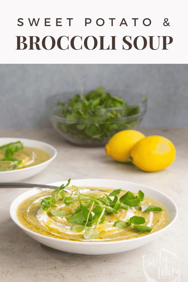 Pinterest image for the broccoli and sweet potato soup with text at the top of the image describing it for Pinterest.