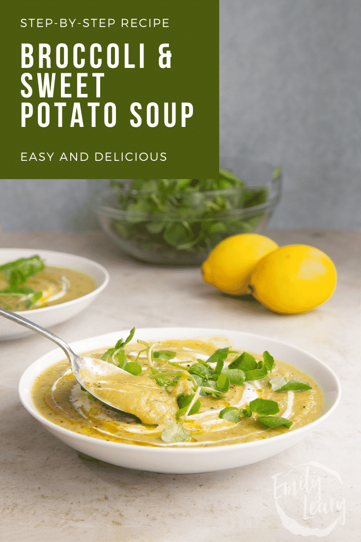 Pinterest image for the broccoli and sweet potato soup with text at the top of the image describing it for Pinterest.