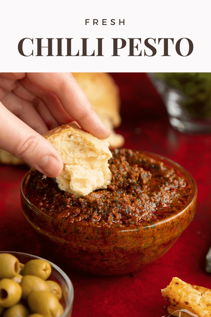 Pinterest image for the chilli pesto with text at the top describing the image for the platform.