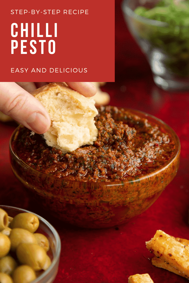 Pinterest image for the chilli pesto with text at the top describing the image for the platform.