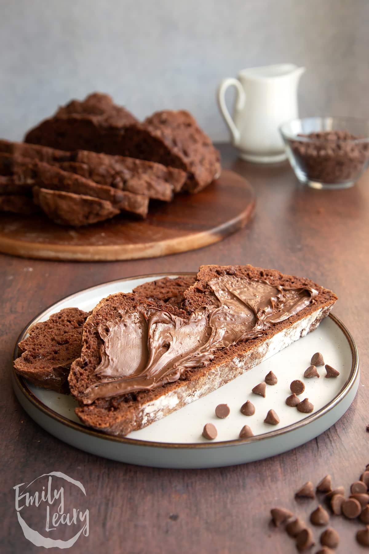 Close up shot of the finished chocolate soda bread slice topped with chocolate spread.