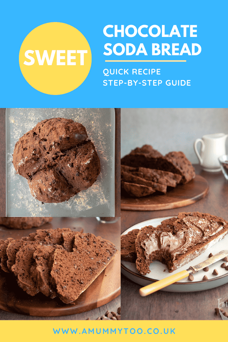 Pinterest image for chocolate soda bread with text at the top describing the image for Pinterest.