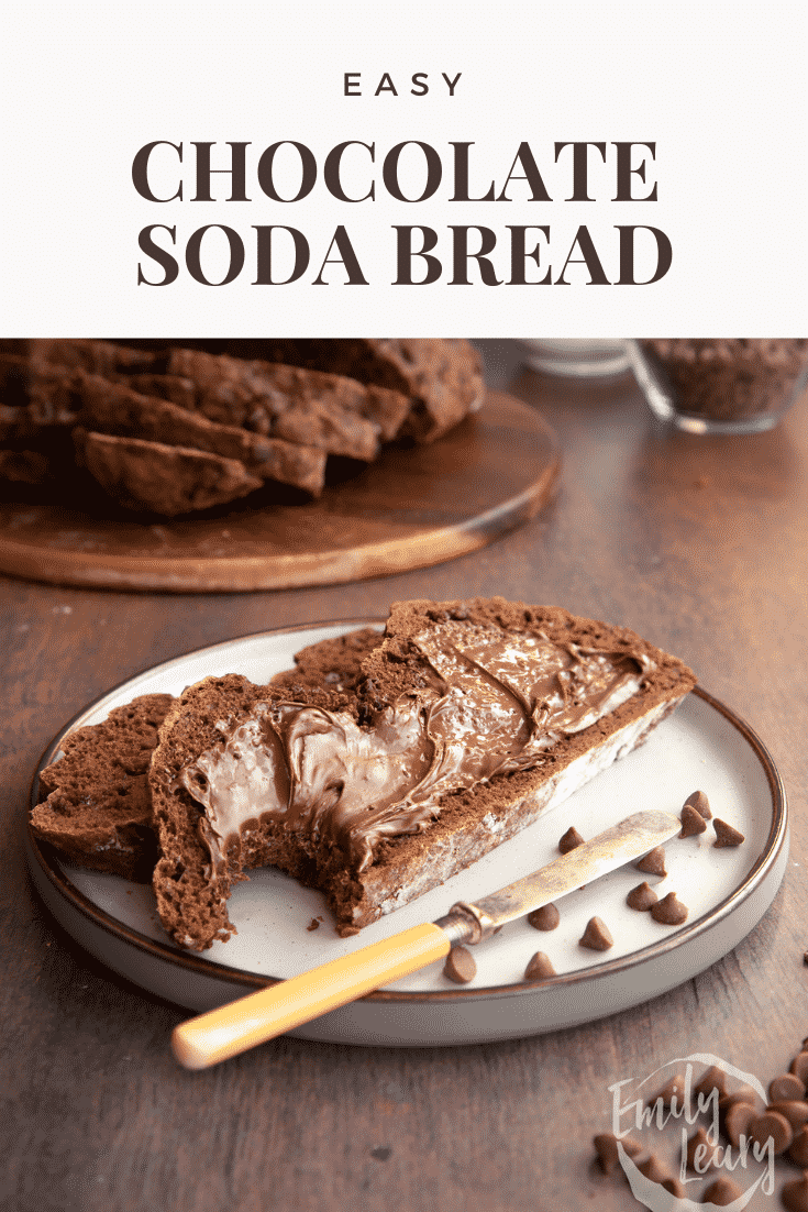 Pinterest image for chocolate soda bread with text at the top describing the image for Pinterest.