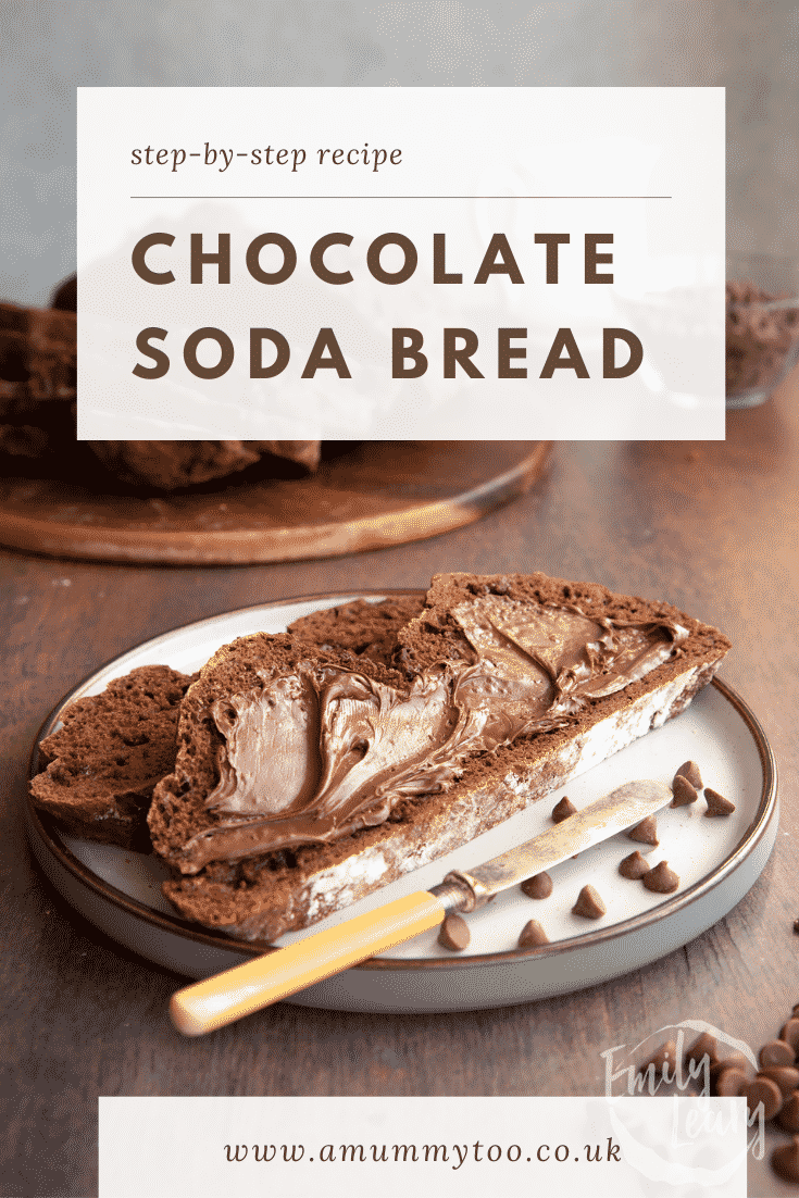 Pinterest image for chocolate soda bread with text at the top describing the image for Pinterest.