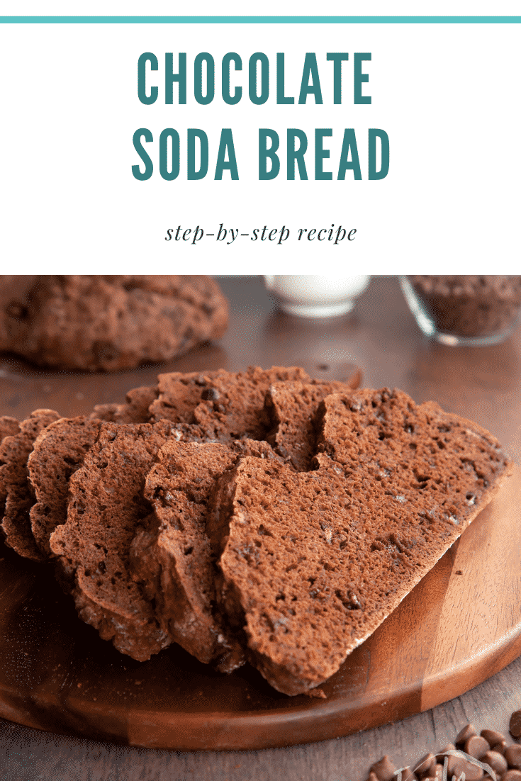 Pinterest image for chocolate soda bread with text at the top describing the image for Pinterest.