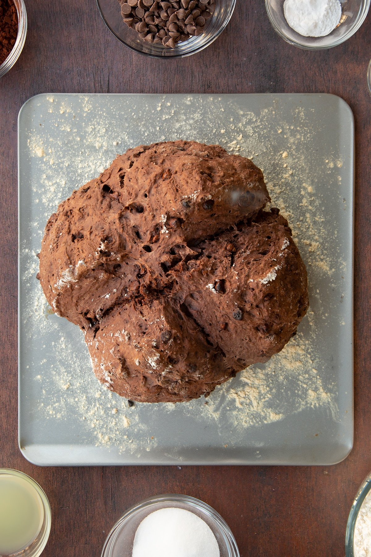 Overhead shot of the chocolate soda bread having been in the oven.