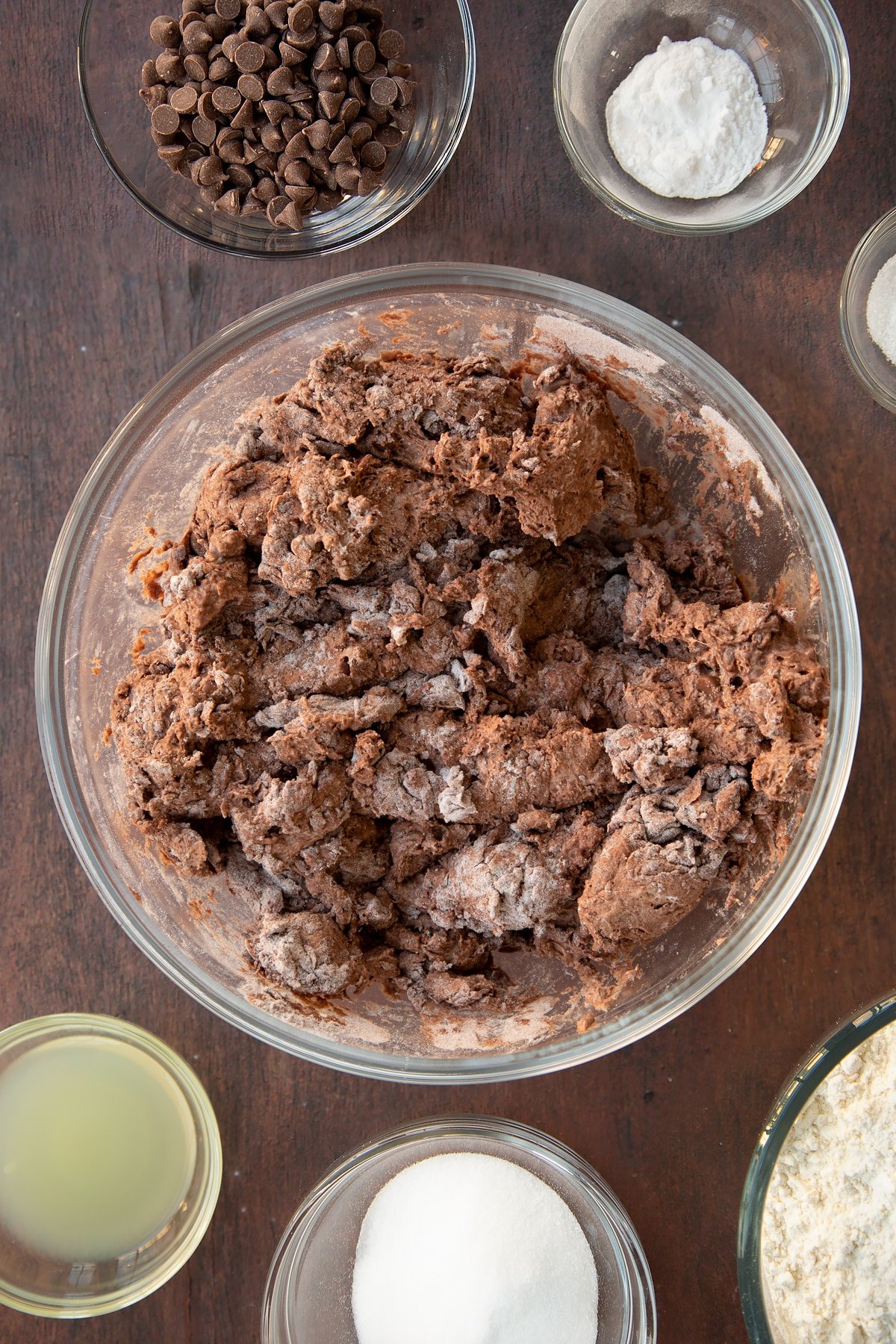 Overhead shot of the chocolate soda bread ingredients having been mixed together into a dough.