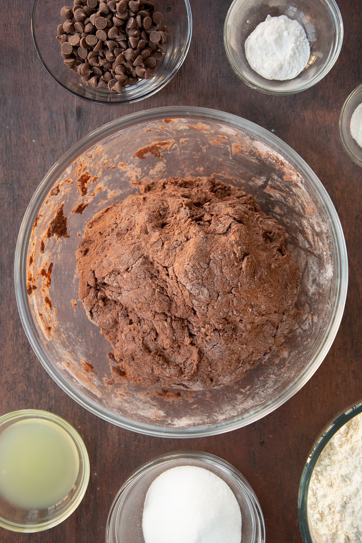 Overhead shot of the chocolate soda bread dough having been kneeded together. 