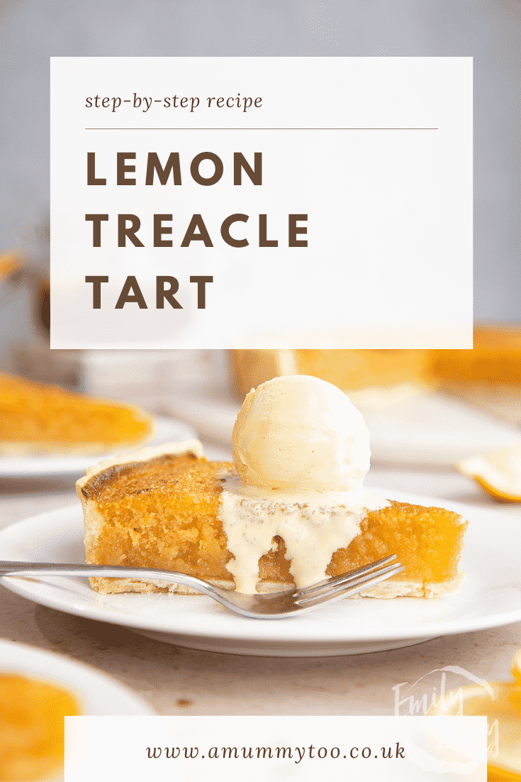 Side on shot of the lemon treacle tart with text at the top of the image describing the image for Pinterest.