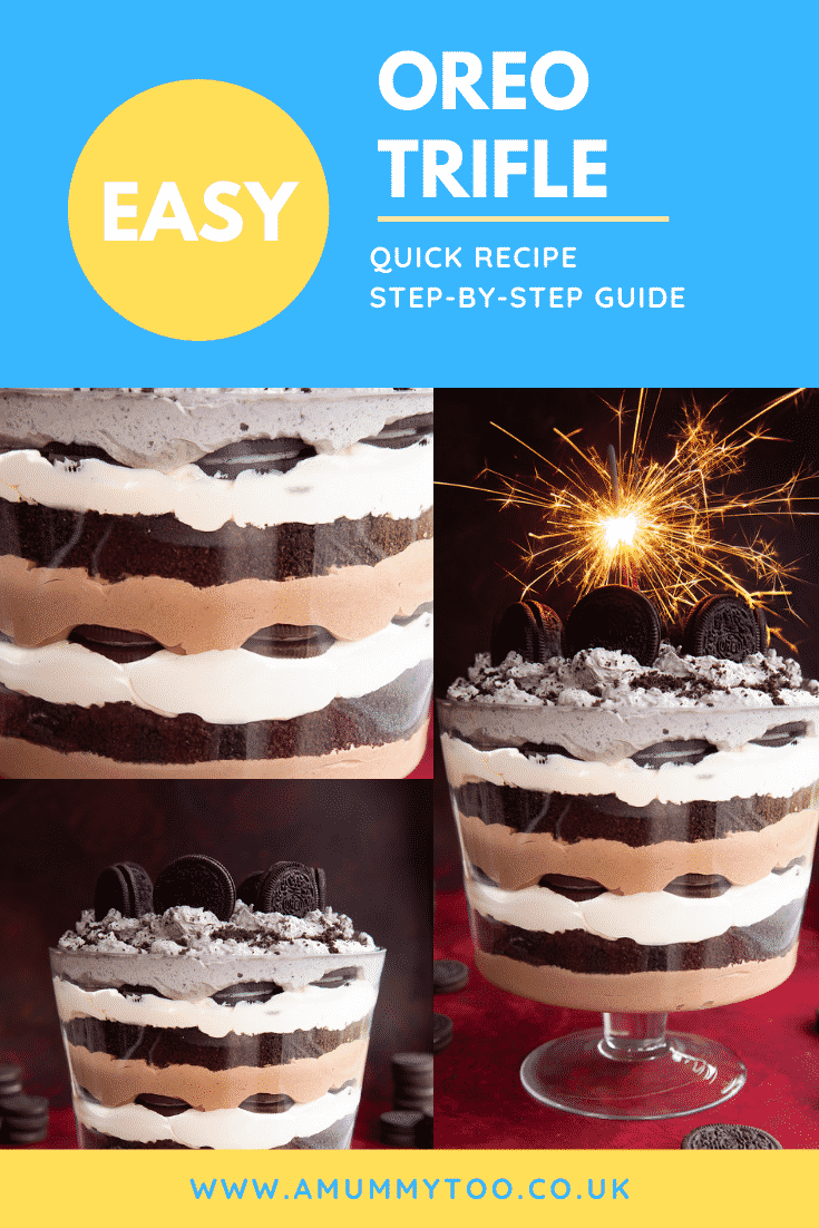Collage of Oreo trifle with layers of chocolate pudding, whipped cream and Oreos. Caption reads: Easy Oreo trifle. Quick recipe. Step-by-step guide.