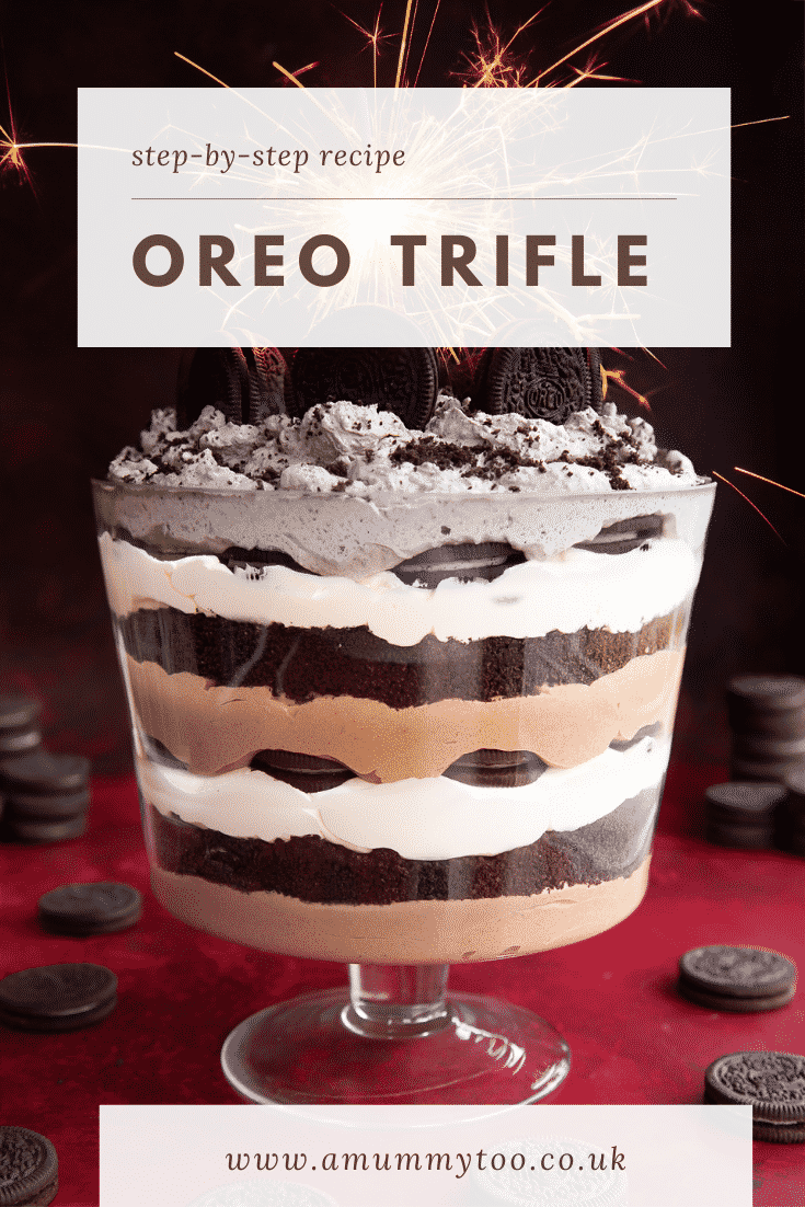 Oreo trifle with layers of chocolate pudding, whipped cream and Oreos. It's decorated with a sparkler. Caption reads: Step-by-step recipe. Oreo trifle.