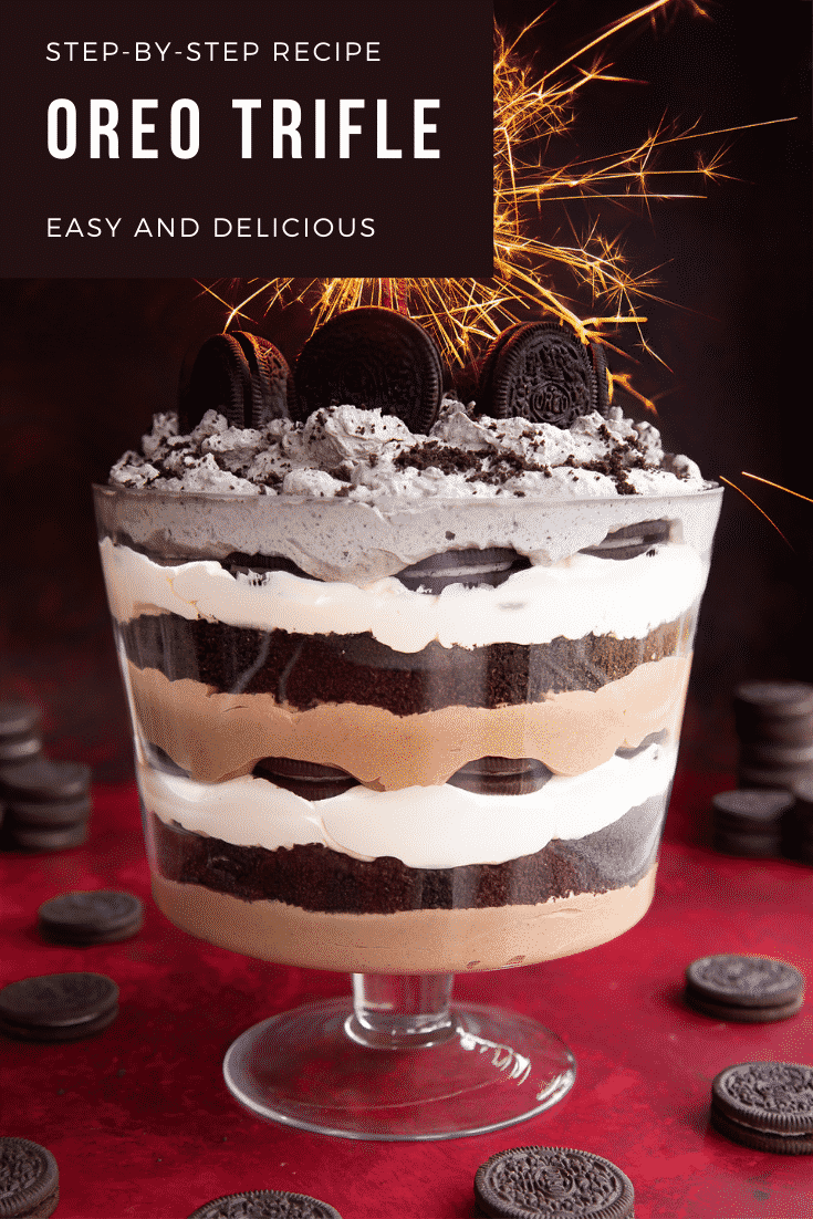 Oreo trifle with layers of chocolate pudding, whipped cream and Oreos. It's decorated with a sparkler. Caption reads: Step-by-step recipe. Oreo trifle. Easy and delicious.