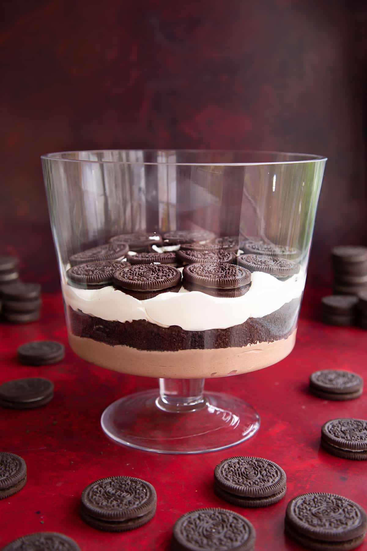A layer of chocolate pudding, then crushed Oreos, then whipped cream, then Oreos in a trifle bowl.