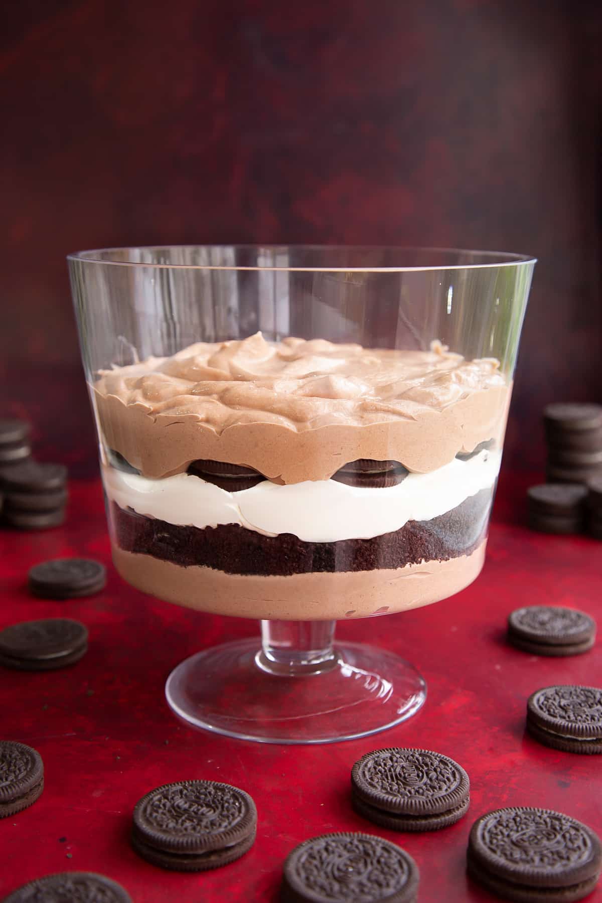 A layer of chocolate pudding, then crushed Oreos, then whipped cream, then Oreos, then chocolate pudding in a trifle bowl.