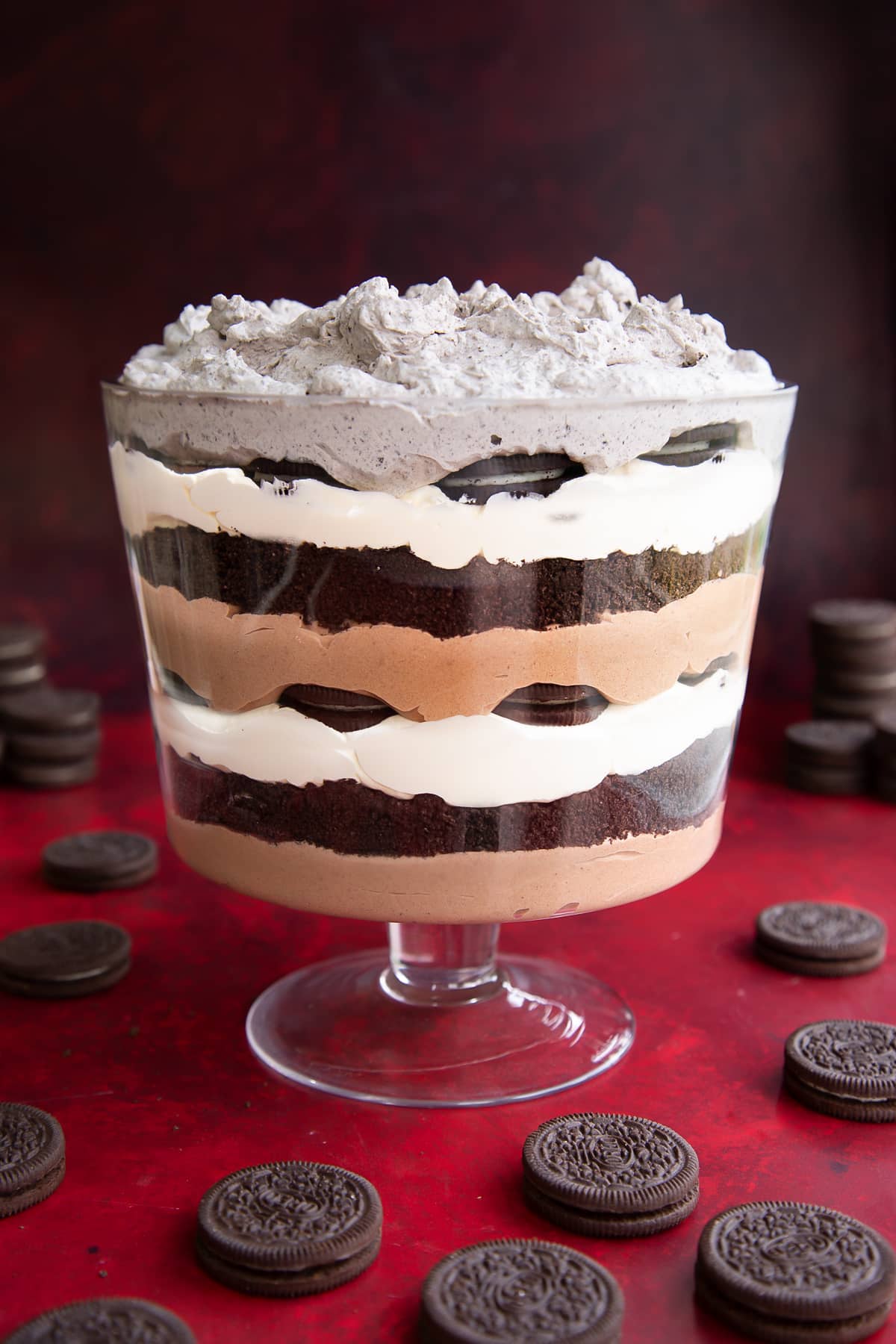 A layer of chocolate pudding, then crushed Oreos, then whipped cream, then Oreos, then chocolate pudding, then crushed Oreos, then cream, then Oreos, then Oreo crumb laced cream in a trifle bowl.
