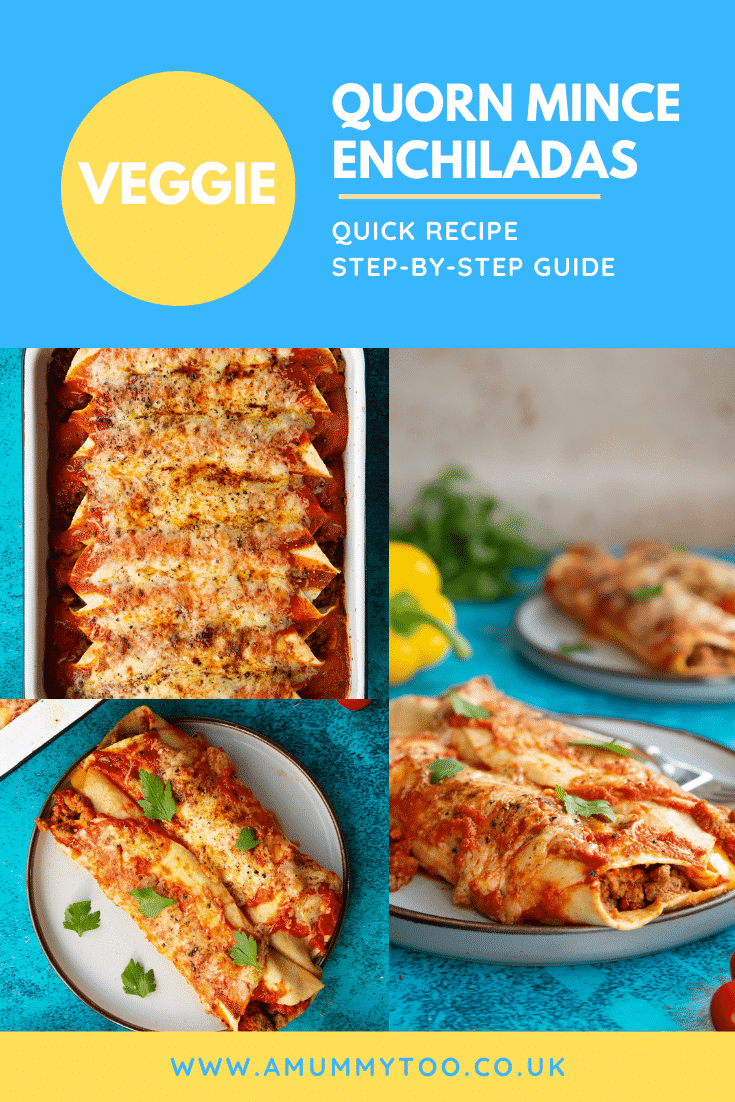 Collage of Quorn mince enchiladas served on a grey plate with a fork. Caption reads: Veggie Quorn mince enchiladas. Quick recipe. Step-by-step guide.