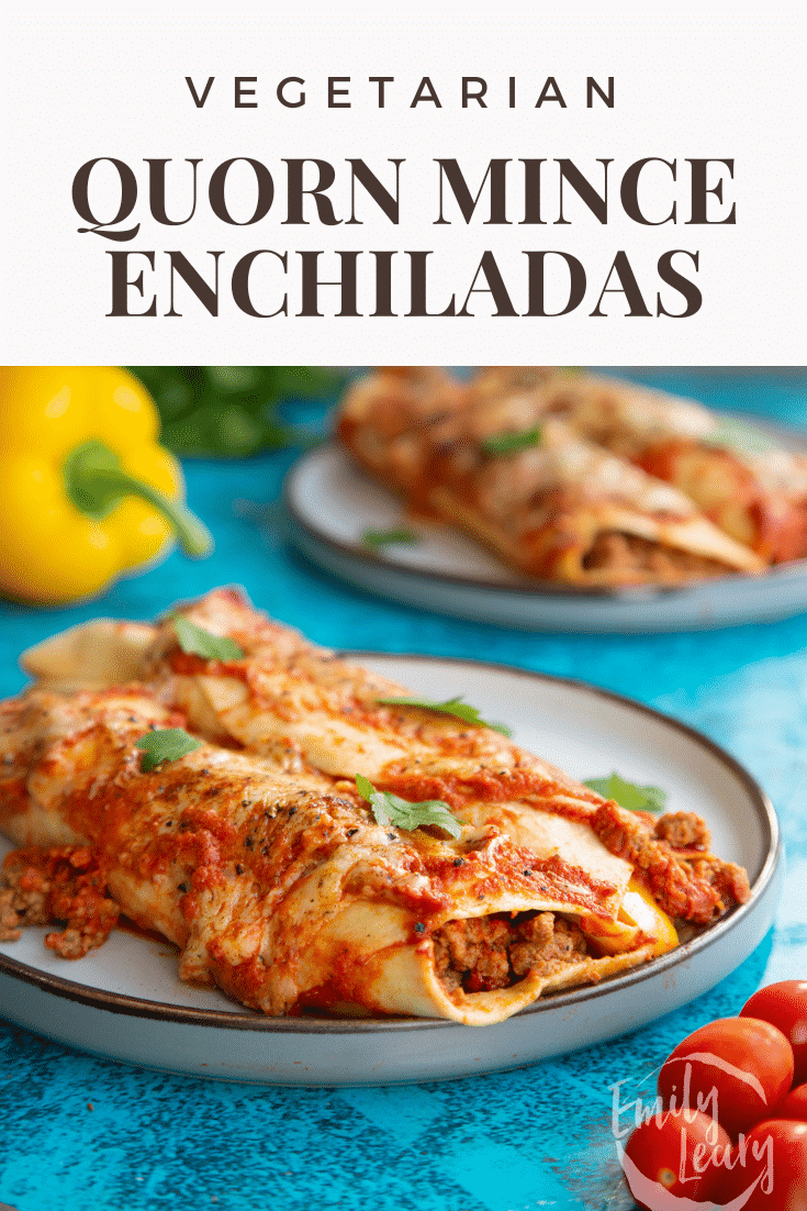 Quorn mince enchiladas served on a grey plate. Caption reads: Vegetarian Quorn mince enchiladas.