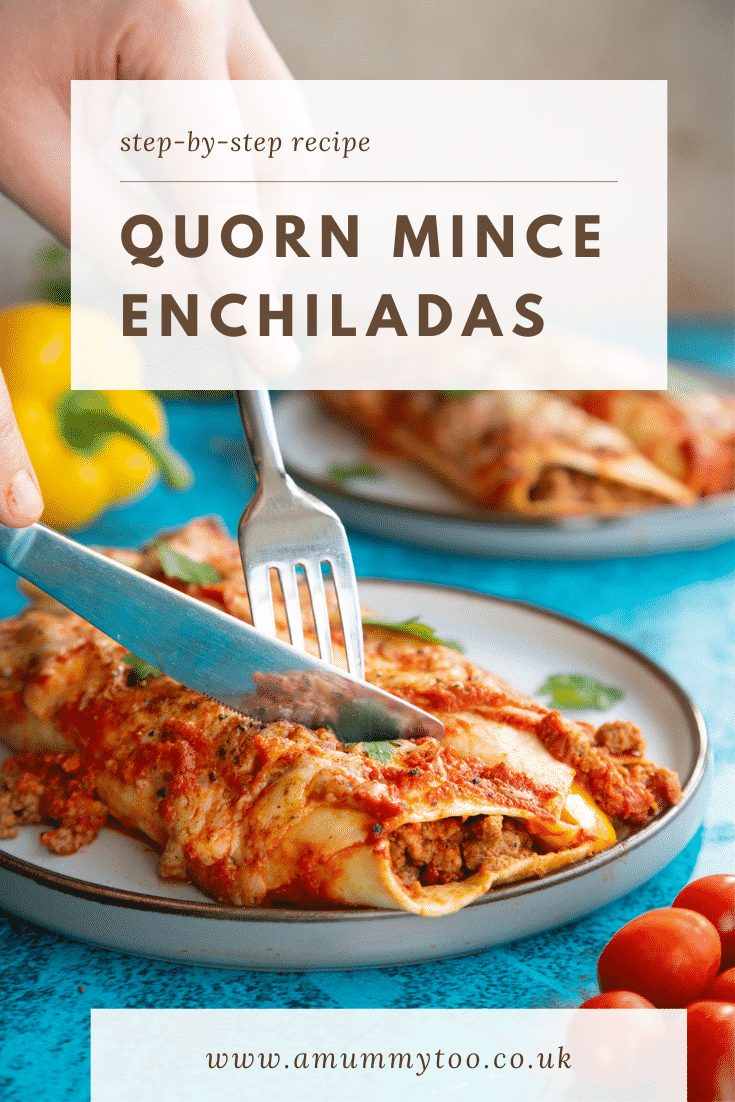 Quorn mince enchiladas served on a grey plate. Hands cut into them with a knife and fork. Caption reads: Step-by-step recipe Quorn mince enchiladas.