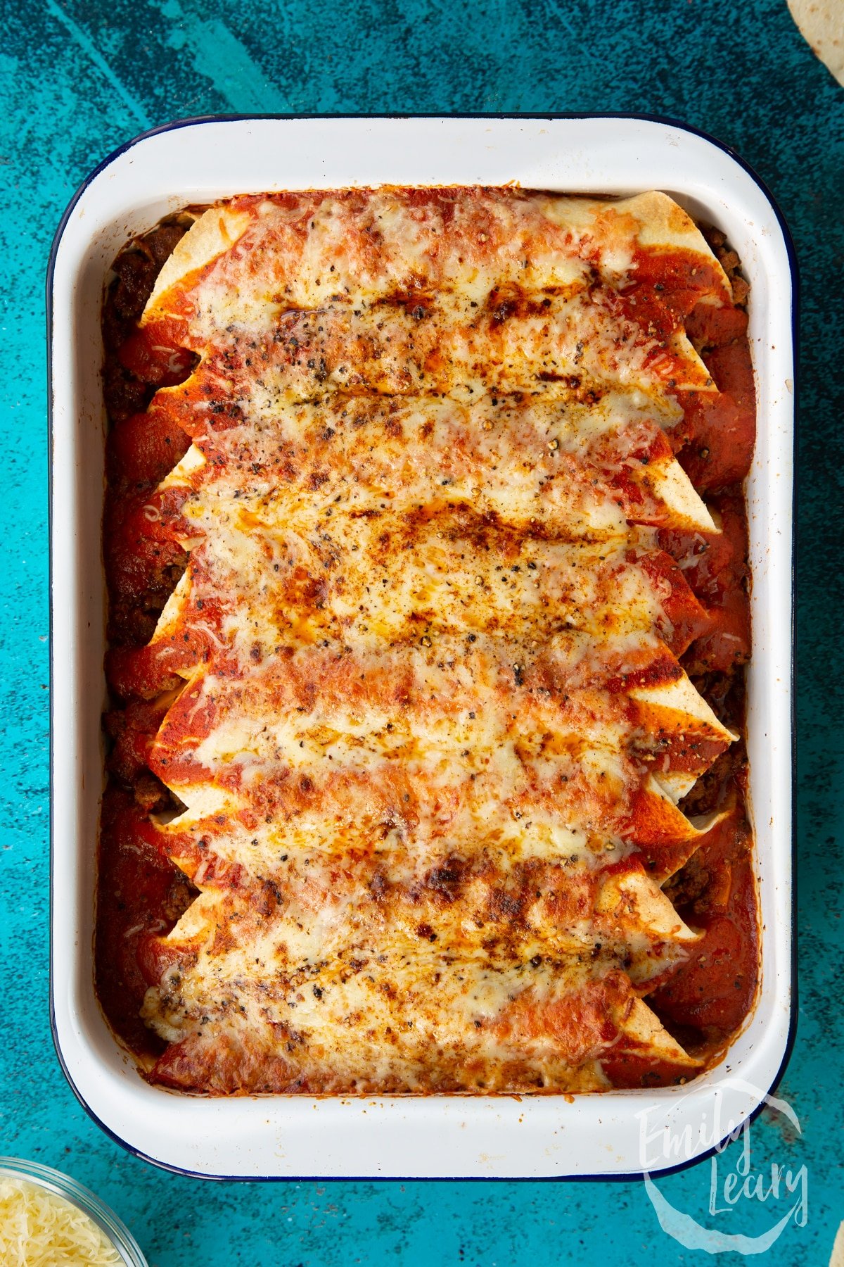 A tray of freshly baked Quorn mince enchiladas.