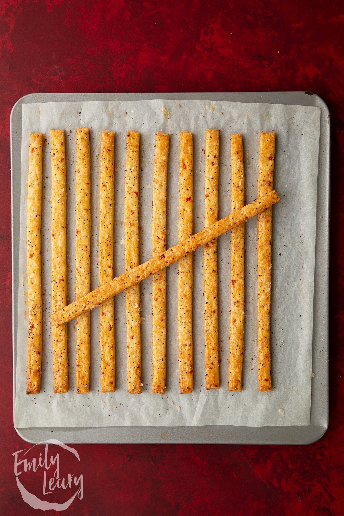 Overhead shot of the finished spicy cheese straws.