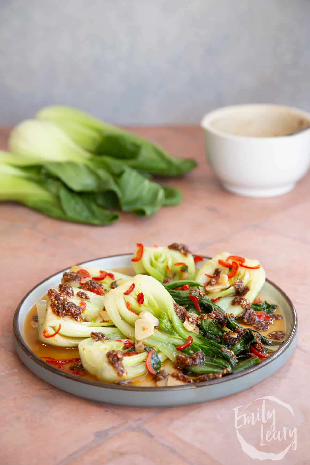 Plate of the finished spicy pak choi recipe on a decorative plate.