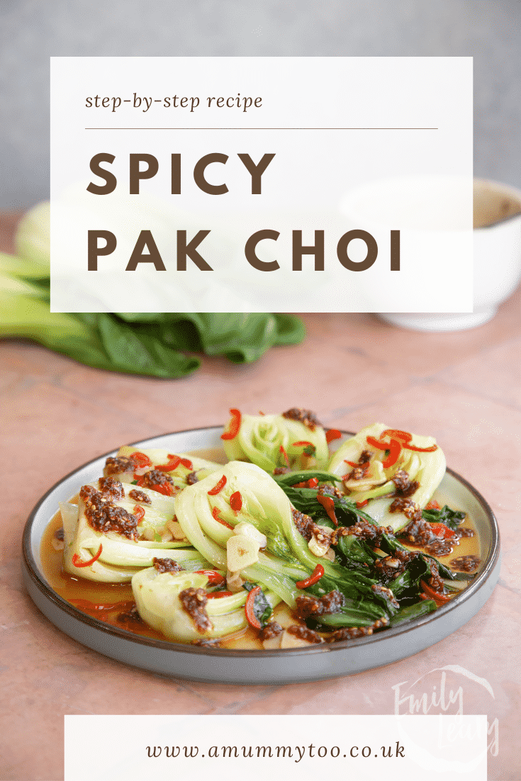 Spicy pak choi served on a plate with a fork coming in from the top with text at the top describing the image for Pinterest.