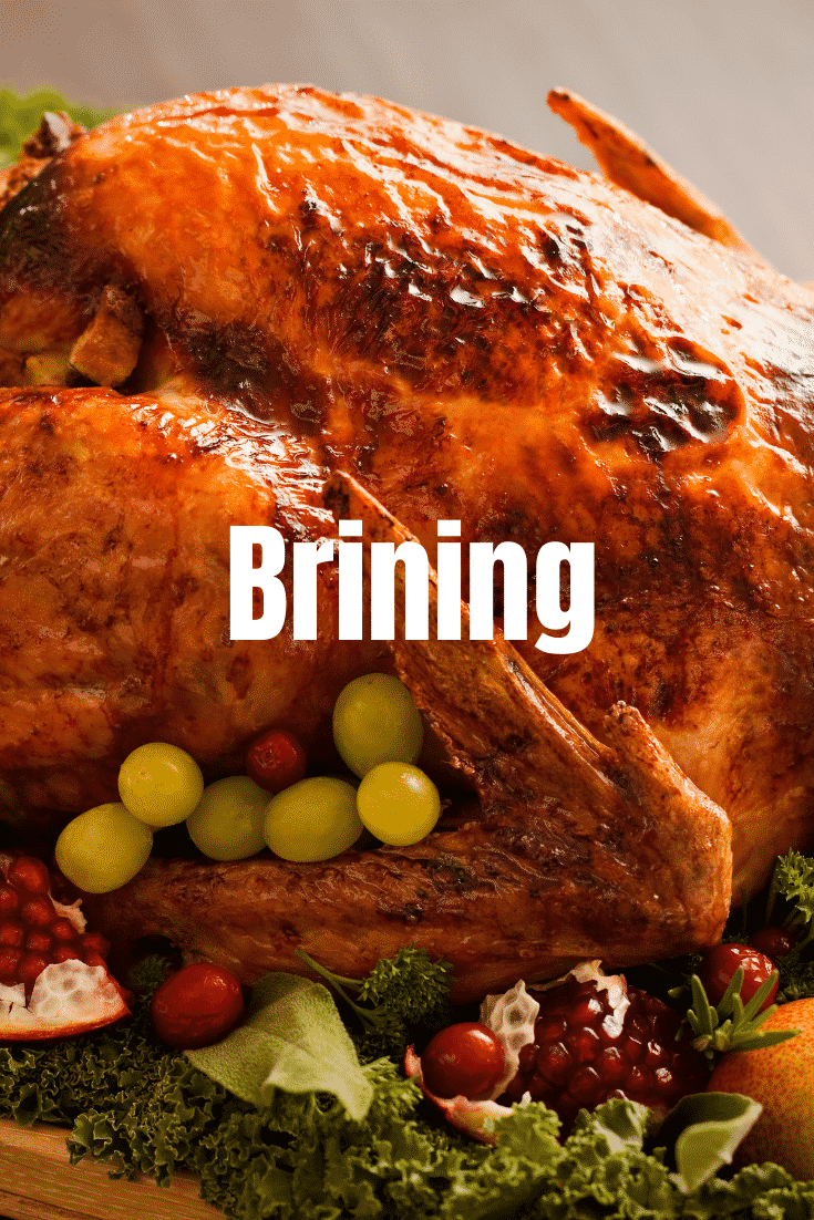 Close up shot of a roasted turkey with the text 'brining' ontop.