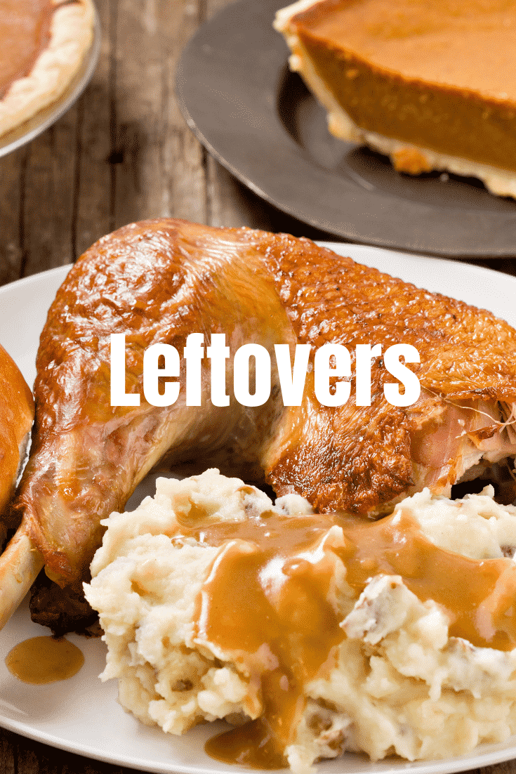 Close up shot of a turkey dinner with text ontop that says 'leftovers'.