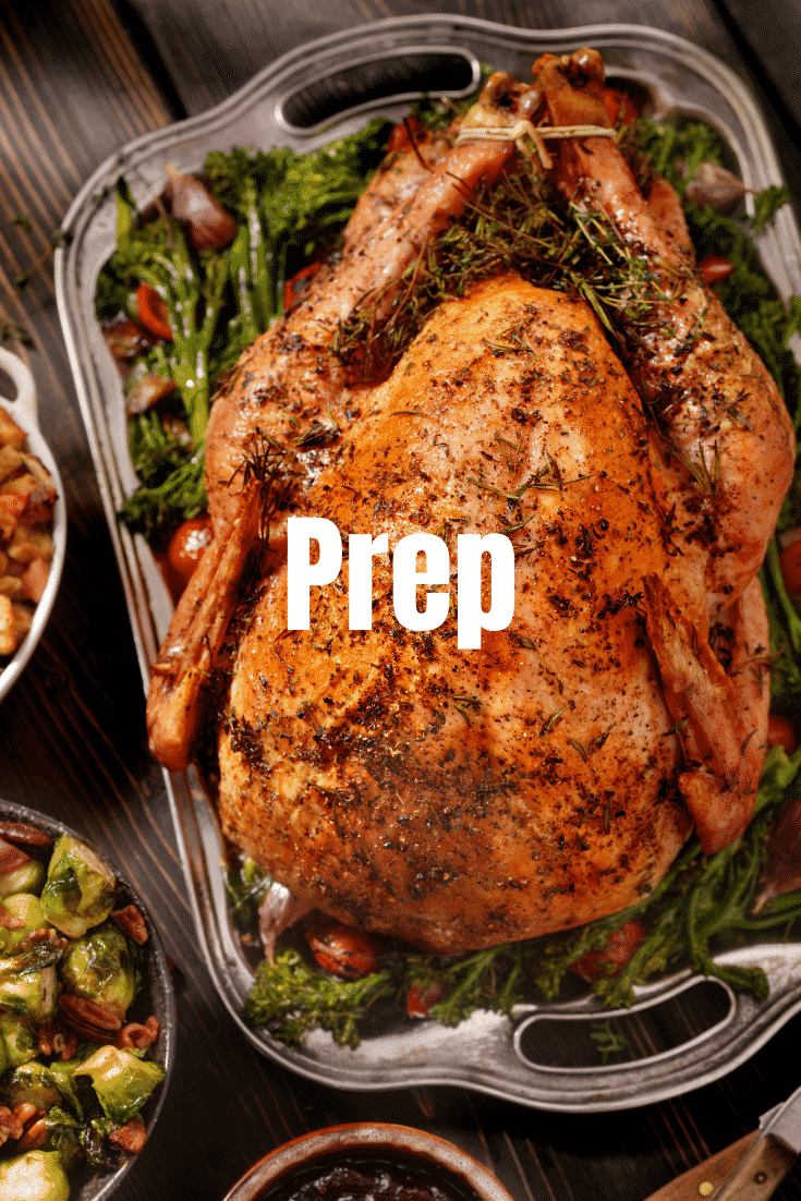 Close up shot of a turkey in a roasting dish with the text 'prep' ontop.