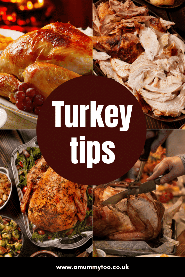 Four images of turkeys with text in the middle 'turkey tips'.