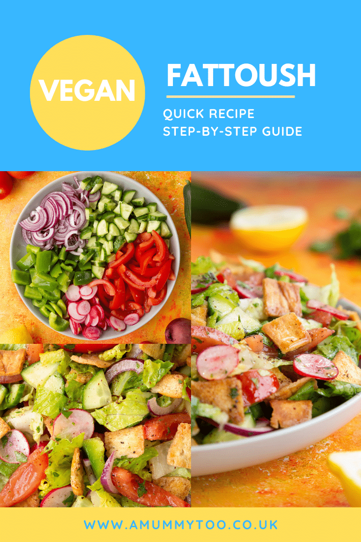 Collage of vegan fattoush showing the vegetables, lettuce, pitta croutons and dressing. Caption reads: Vegan fattoush. Quick recipe. Step-by-step guide. 