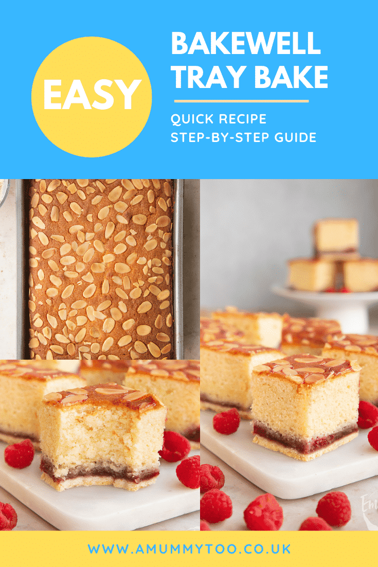 Collage of squares of Bakewell tray bake on a white marble board. Caption reads: Easy Bakewell tray bake. Quick recipe. Step-by-step guide.