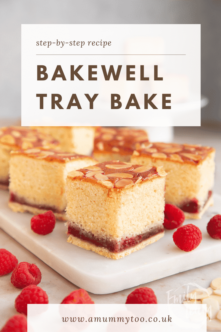 Squares of Bakewell tray bake on a white marble board. Caption reads:  Step-by-step recipe. Bakewell tray bake.