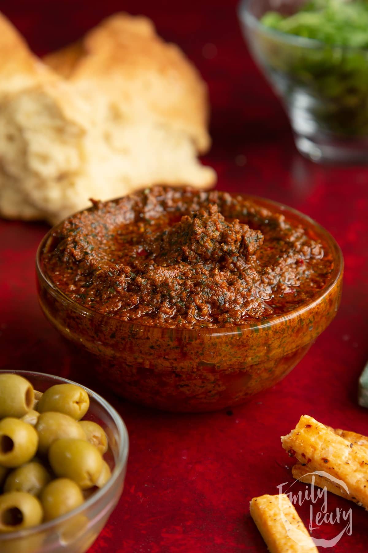 Side on shot of the chilli pesto served in a small dish.