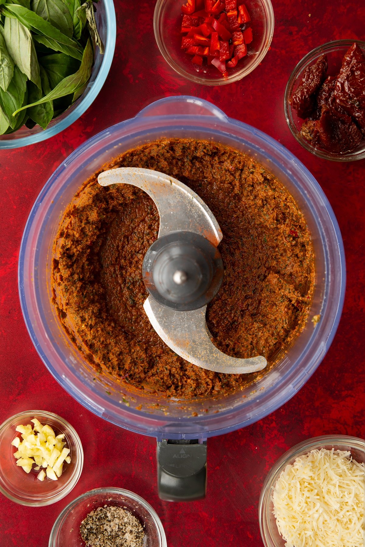 Overhead shot of the chilli pesto inside a blender.