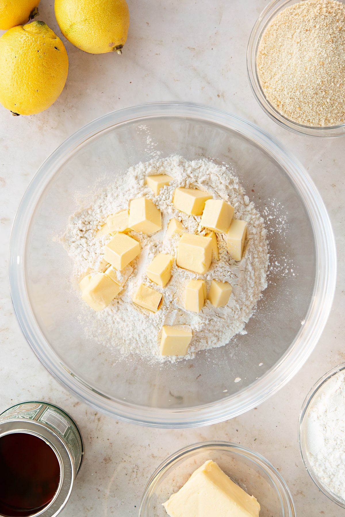 Overhead shot of butter and flour in a bowl.