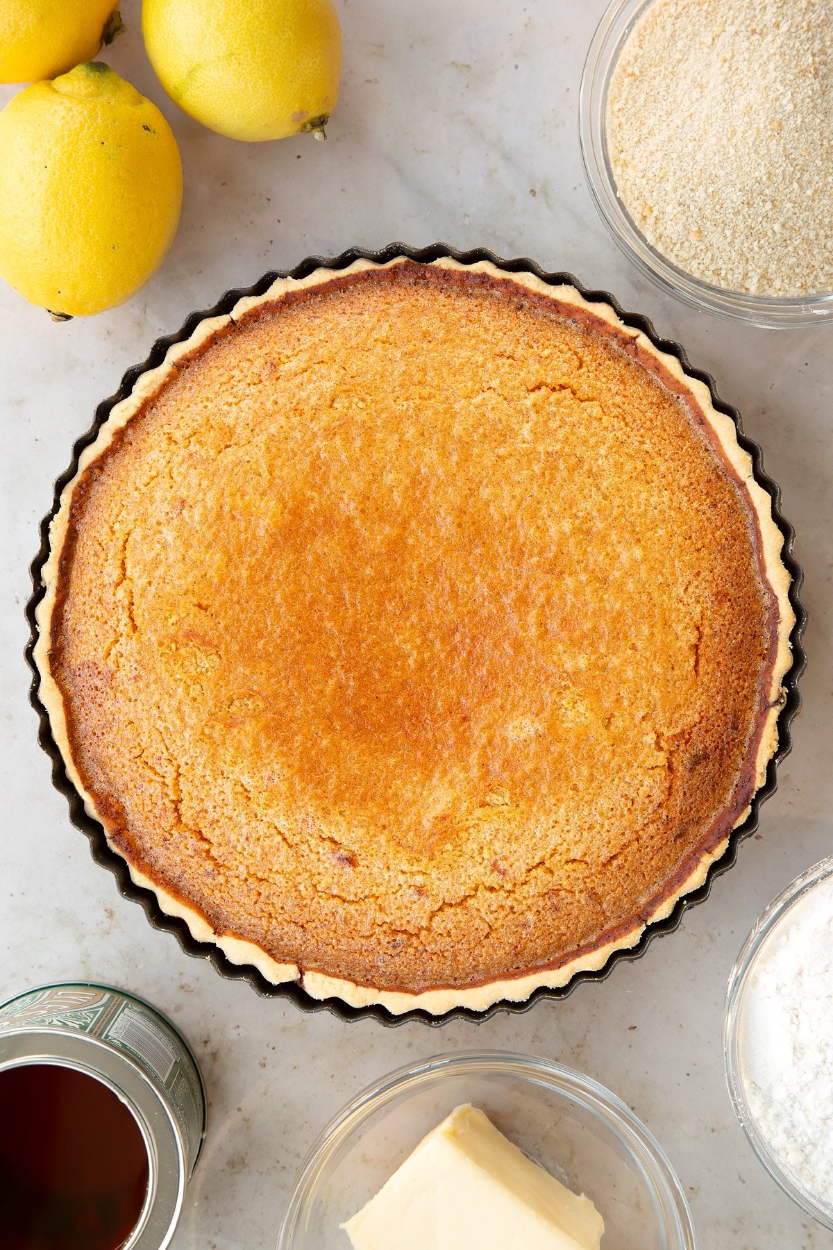 Overhead shot of the lemon treacle tart having been in the oven.