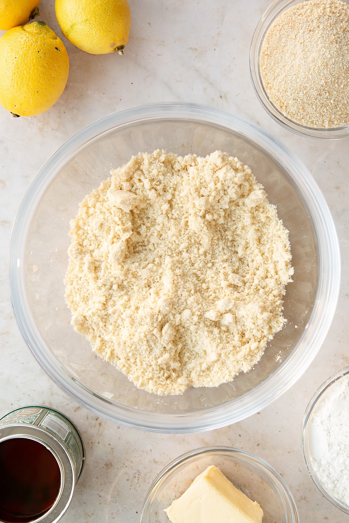 Overhead shot of the bowl of butter and flour having been rubbed together.