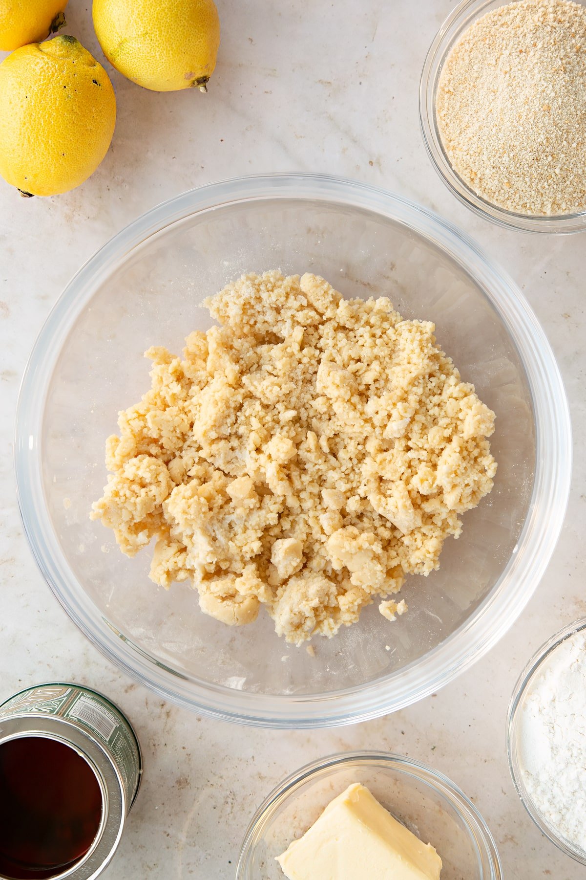 Overhead shot of the bowl of ingredients having added water.